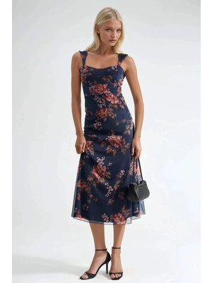 Hiccup Kadın Kalp Yakalı Çiçek Desenli Maksi Elbise Lacivert