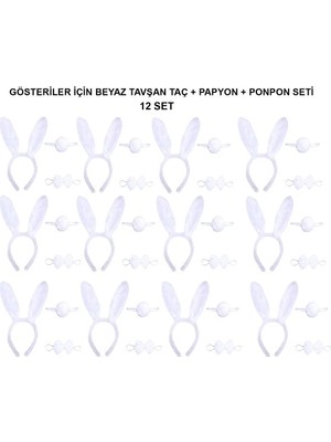 Aesco Beyaz Tavşan Kostüm Seti – Taç, Papyon, Kuyruk (12’li Paket)