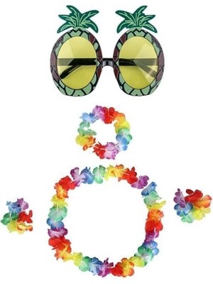 Aesco Renkli Ananas Gözlük, Taç, Kolye ve Bileklik Seti