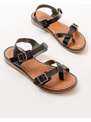 Aymood 205-091 Siyah Ortopedik Hakiki Deri Kadın Sandalet