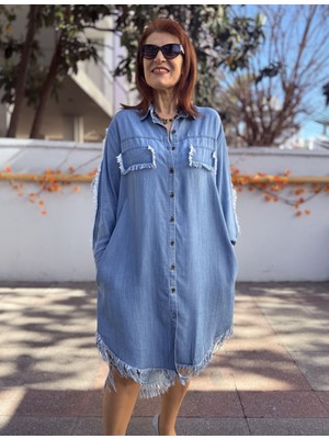 Liyosel Püsküllü Denim Elbise