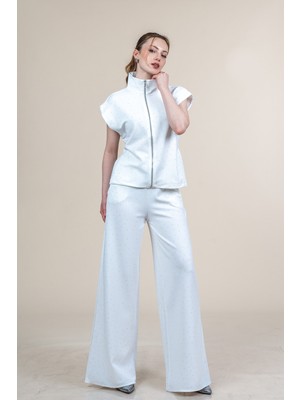 MissVina Geniş Omuz Taş Baskılı Likralı Krep Takım