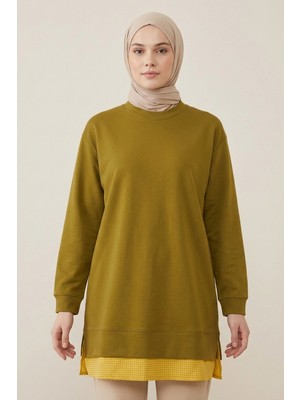 Modarte Kadın Uzun Tesettür Sweat Tunik Basic Oversize – Bisiklet Yaka Günlük Yağ Yeşili