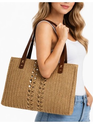 Uretti - Fethiye 9927 0705 El Örgüsü Hasır Kadın Omuz Çantası - Kağıt Ip Yazlık Günlük Çanta 34 x 28 cm