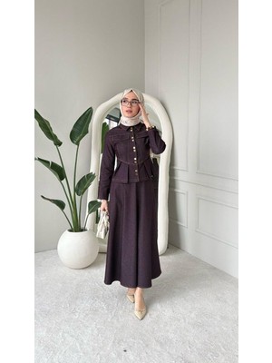 Moda Kadın Lacivert Mor Etekli Kot Tesettür Takım Düğme Detaylı Denim Kombin