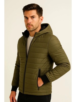Aymood Erkek Şişme Kapüşonlu Fermuarlı Mont Su Itici Kapitone Astarlı Kumaş Cepli Kışlık Rahat Kalıp - Haki