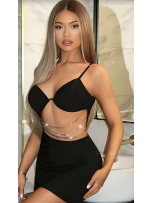 Pijamask Kadın Zincir Detaylı Dekolteli Siyah Gece Elbisesi