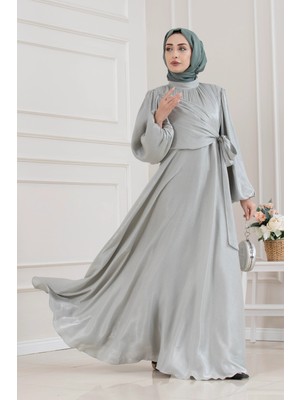 Sevitli Yan Bağlamalı Simli Tesettür Abiye-Mint Yeşili