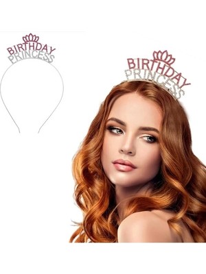 Aesco Kristal Taşlı Birthday Princess Yazılı Parti Tacı Pembe Renk