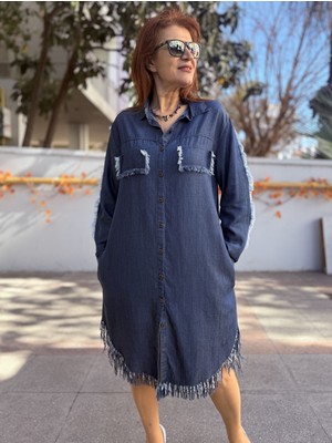 Liyosel Püsküllü Denim Elbise Koyu Mavi