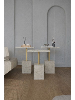 Estoria Home Gold Altın  Ayak Traverten Desen Terra 3'lü Zigon Sehpa Yan Sehpa Servis Sehpası Ahşap Bej Gövde Orta Sehpa