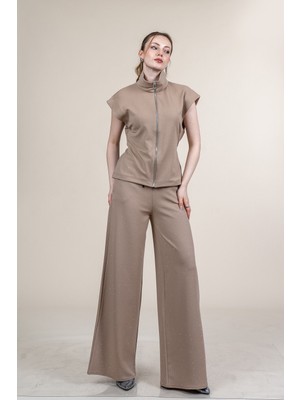 MissVina Geniş Omuz Taş Baskılı Likralı Krep Takım