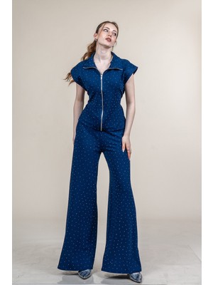 MissVina Geniş Omuz Taş Baskılı Likralı Krep Takım