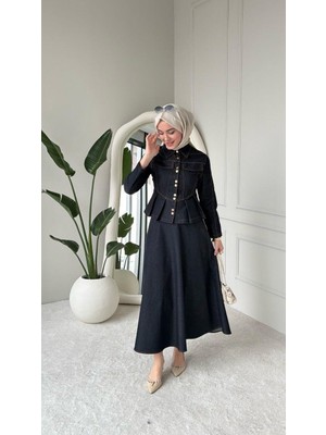 Moda Kadın Lacivert Mor Etekli Kot Tesettür Takım Düğme Detaylı Denim Kombin