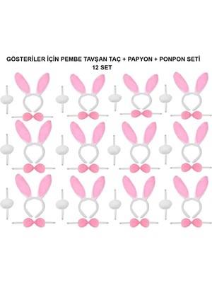 Aesco Pembe Tavşan Kostüm Seti – Taç, Papyon, Ponpon (12’li Paket)