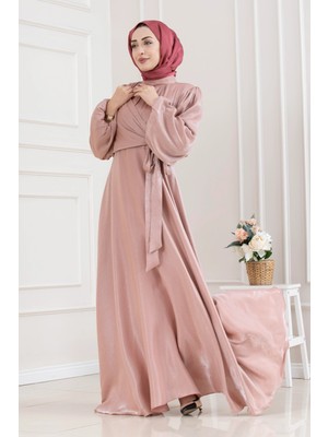 Sevitli Yan Bağlamalı Simli Tesettür Abiye-Gül Kurusu