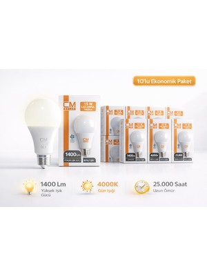 Cmsolar CM 15W E27 Duy 4000K Gün Işığı LED Ampul 10’lu Paket Uzun Ömürlü Ev Ofis Aydınlatma Ampulü