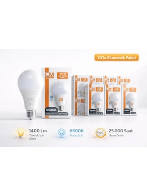 Cmsolar CM 15W E27 Duy 6500K Beyaz Işık LED Ampul 10’lu Paket Parlak Uzun Ömürlü Ev & Ofis Aydınlatma Ampulü