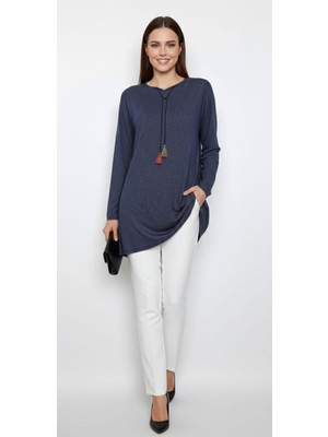 SSO Tunik Simli Triko Uzun Boy Ip Detaylı Kolları Lastikli Tesettür Anne Tunik