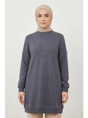 Modarte Kadın Füme V Dikiş Detaylı Uzun Sweat Tunik – Rahat Kalıp Günlük Tesettür Tunik