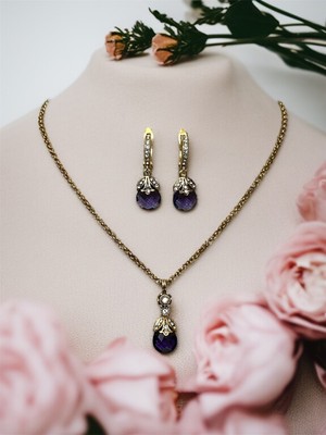 Fayra Accessories Zirkon Taşlı Kedi Gözü Kolye ve Küpe Seti