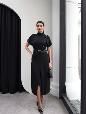 Esra Helvacı Dik Yaka Kemerli Midi Elbise