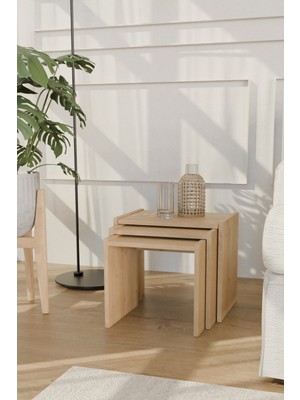 Estoria Home Safir Meşe Kullanışlı 3lü Zigon Seti Modern Zigon Sehpa Koltuk Sehpası Yan Sehpa Servis Sehpası