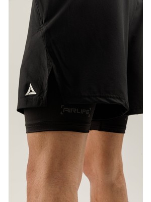 Airlife Training Crı-28 Fit Ls Orta Bel 2'si 1 Arada Taytlı Erkek Sporcu Şortu Siyah