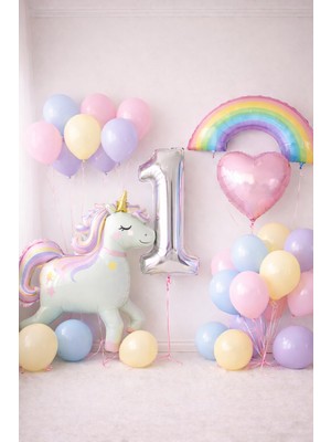 Çocuk Unicorn Gökkuşağı Pastel Doğum Günü Yaş Seçenekli Mumlu Balon Seti
