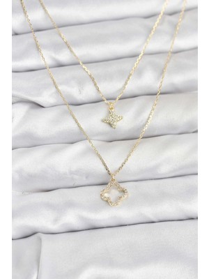 Belle Fusion Mey Ithalat® Pirinç Gold Renk Yonca Model 2'li Kadın Kolye