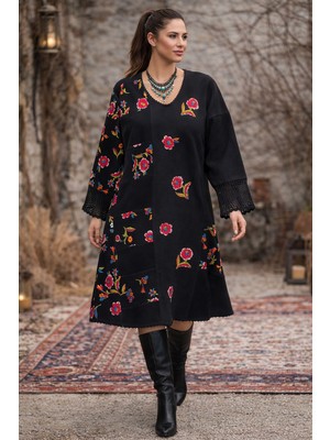 Tosbikotantik Kişiye Özel Tasarım Midi Patchwor Pazen Siyah Elbise