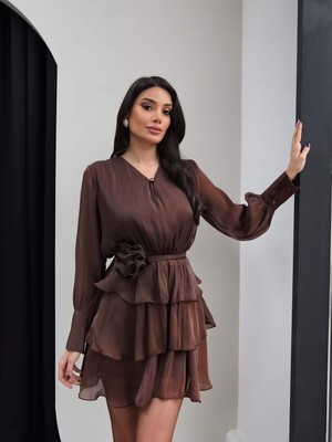 Esra Helvacı Gül Kemer Detaylı Jakarlı Mini Elbise