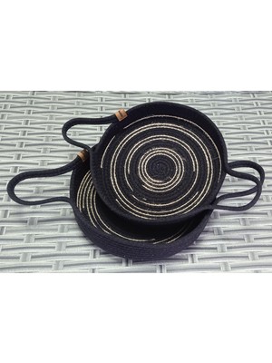 Nexa Hasır 2 Adet Örme Tepsi Sepet Jüt Çizgili Siyah Kordon Halat Ip Düzenleyici