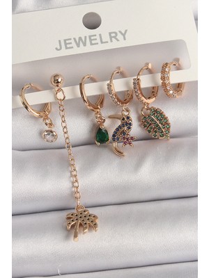 Belle Fusion Mey Ithalat® Pirinç Gold Renk Sallantı Zirkon Taşlı Ağaç Figür Kadın Küpe Seti