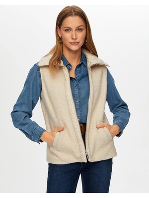 Faik Sönmez Kadın Kapitone Garnili Bürümcük Taş Renk Yelek UW26KYL005