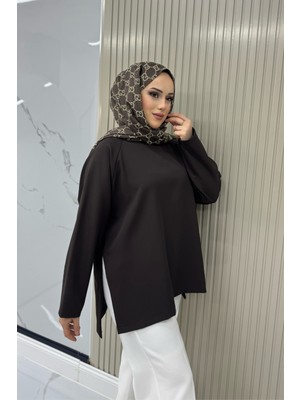 Modarte Uzun Kol Yırtmaklı Tunik Uzun Kol Içlik Kahverengi