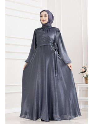 Sevitli Yan Bağlamalı Simli Tesettür Abiye-Lacivert