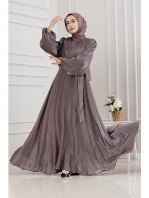 Sevitli Yan Bağlamalı Simli Tesettür Abiye-Kahverengi