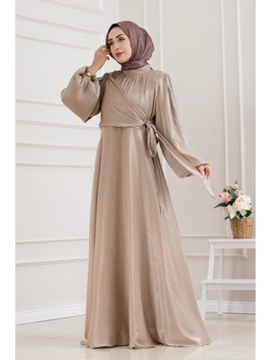Sevitli Yan Bağlamalı Simli Tesettür Abiye-Vizon