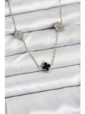 Belle Fusion Mey Ithalat® 316L Çelik Zincir Gümüş Renk Siyah ve Zirkon Taşlı Baby Boy Yonca Kadın Kolye