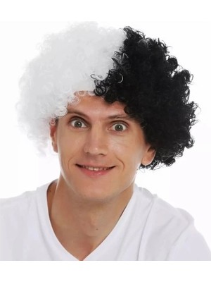 Aesco Siyah Beyaz Kıvırcık Afro Bonus Taraftar Peruğu
