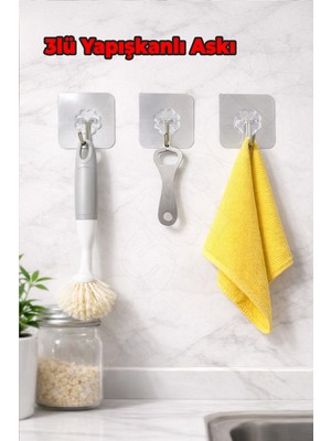 Destpak 3'lü Inox Renk Askı - Banyo, Mutfak, Kapı Arkası - Kendinden Yapışkanlı - Çift Taraflı Bant Vidasız