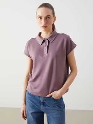 LC Waikiki Mürdüm Polo Yaka Oversize Kadın Tişört