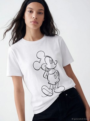 LC Waikiki Beyaz Bisiklet Yaka Mickey Mouse Baskılı Kadın Tişört
