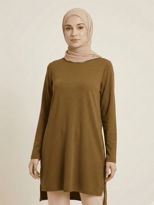 Modarte Kadın Uzun Tesettür Tunik Basic Salaş – Yan Yırtmaçlı Günlük Sweat Tunik Yağ Yeşili