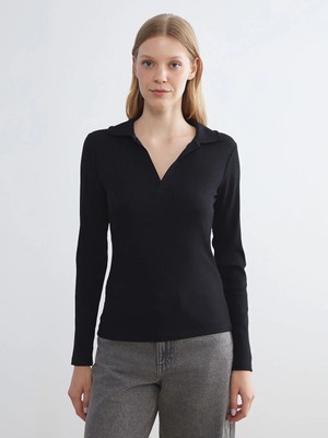 LC Waikiki Siyah Büyük Beden Polo Yaka Kadın Tişört