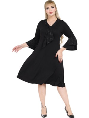 Melsay Butik Taş Baskılı Fularlı Siyah Truvakar Kol Kadın Midi Elbise