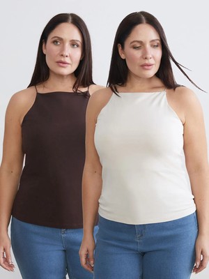 LC Waikiki Bej Büyük Beden Halter Yaka Ip Askılı Kadın Atlet 2'li