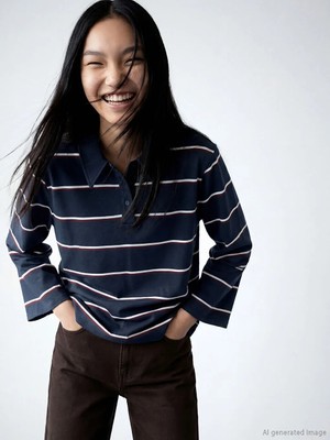 LC Waikiki Lacivert Polo Yaka Çizgili Oversize Kadın Tişört