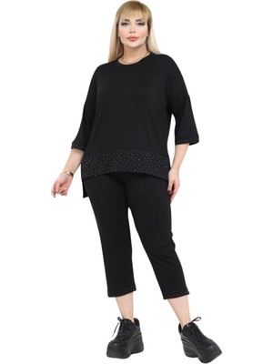 Melsay Butik Siyah Taş Baskı Şeritli Büyük Beden Kadın Kapri Takımı